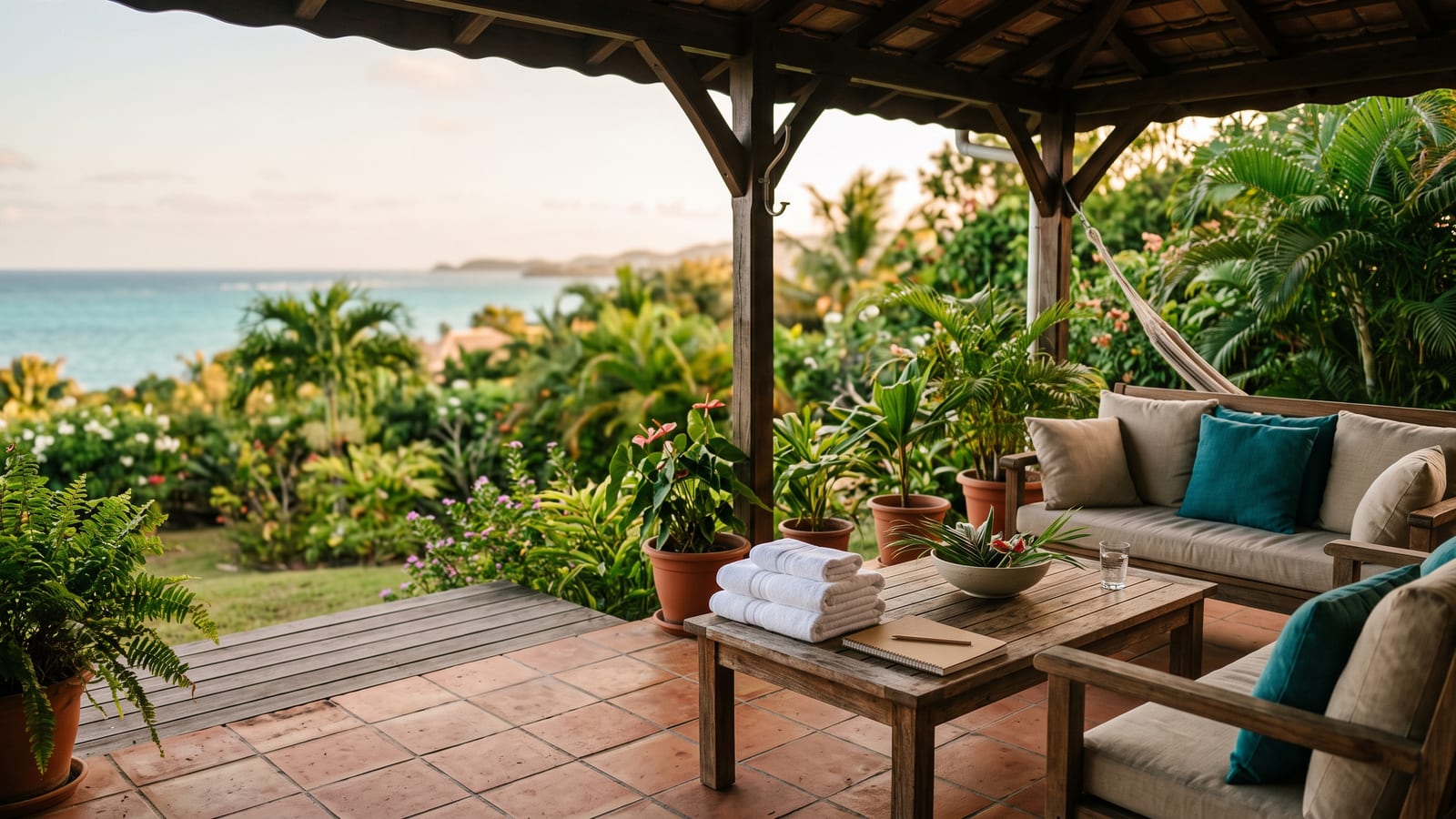 Terrasse couverte d'un gîte en fin de journée, canapé en bois aux coussins beige et bleu canard, serviettes blanches pliées et carnet fermé posés sur une table basse, jardin tropical fleuri et mer turquoise en arrière-plan.