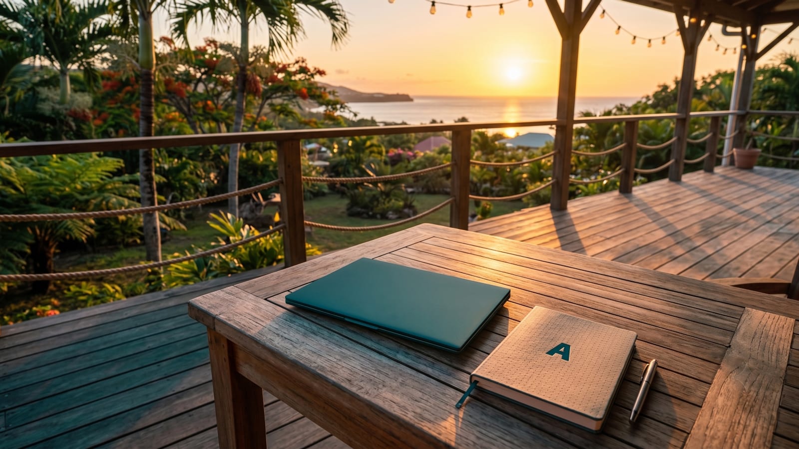 Terrasse en bois d'un gîte au coucher du soleil, un ordinateur portable fermé et un carnet posés sur la table, la mer des Caraïbes et les flamboyants en arrière-plan.