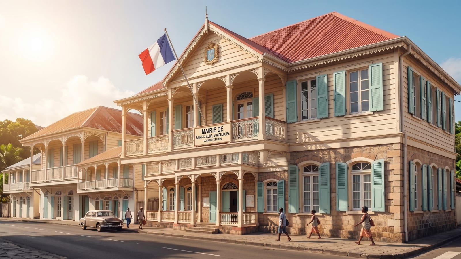 Façade d'une mairie à l'architecture créole en fin de matinée, balcons en bois ouvragé, volets clairs et drapeau tricolore, quelques passants sur le trottoir.