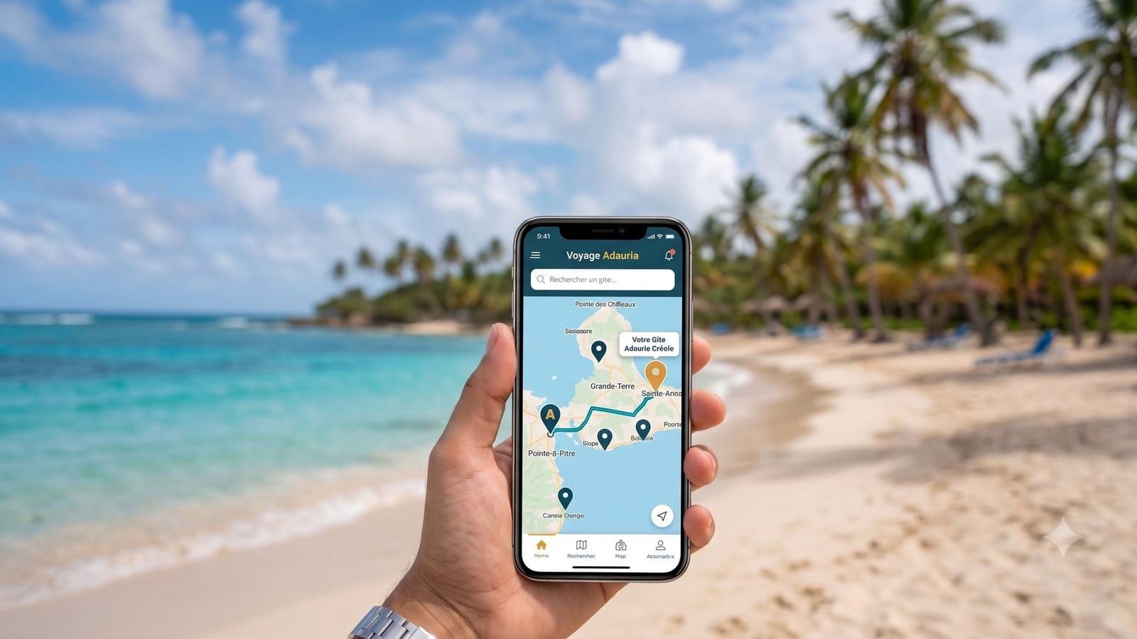 Main tenant un téléphone qui affiche une carte de la Guadeloupe parsemée de points de recherche, devant une plage bordée de cocotiers.